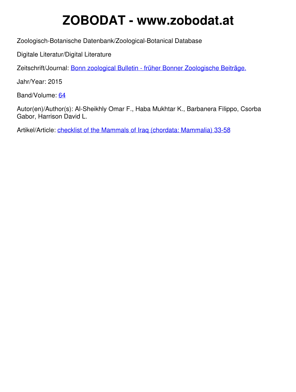 Checklist of the Mammals of Iraq (Chordata: Mammalia) 33-58 © Biodiversity Heritage Library