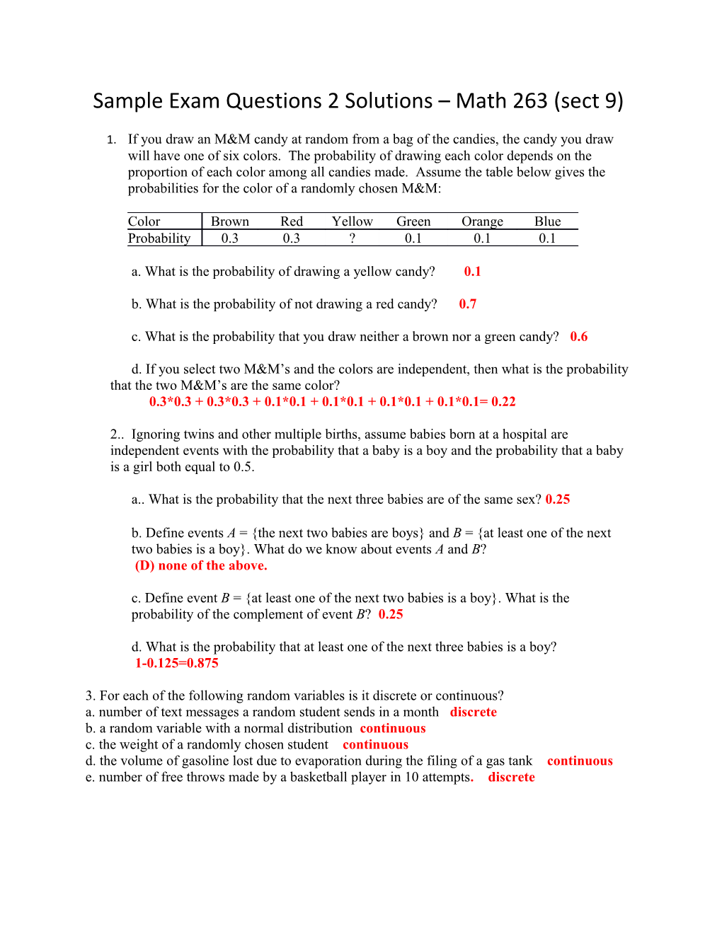 Sample Exam Questions 2 Solutions Math 263 (Sect 9)