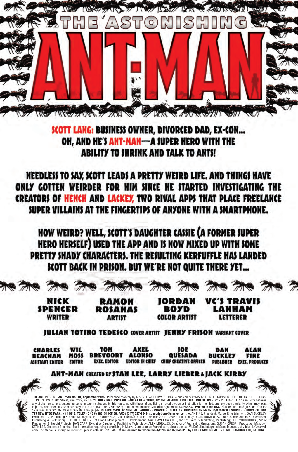 THE ASTONISHING ANT-MAN No. 10, September 2016. Published Monthly by MARVEL WORLDWIDE, INC., a Subsidiary of MARVEL ENTERTAINMENT, LLC