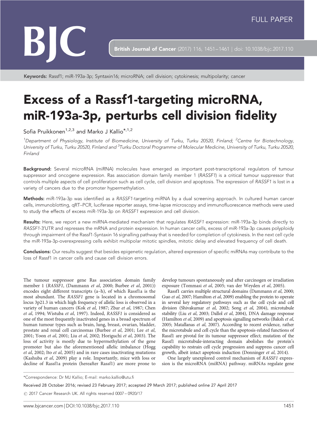 Excess of a Rassf1-Targeting Microrna, Mir-193A-3P, Perturbs Cell Division Fidelity