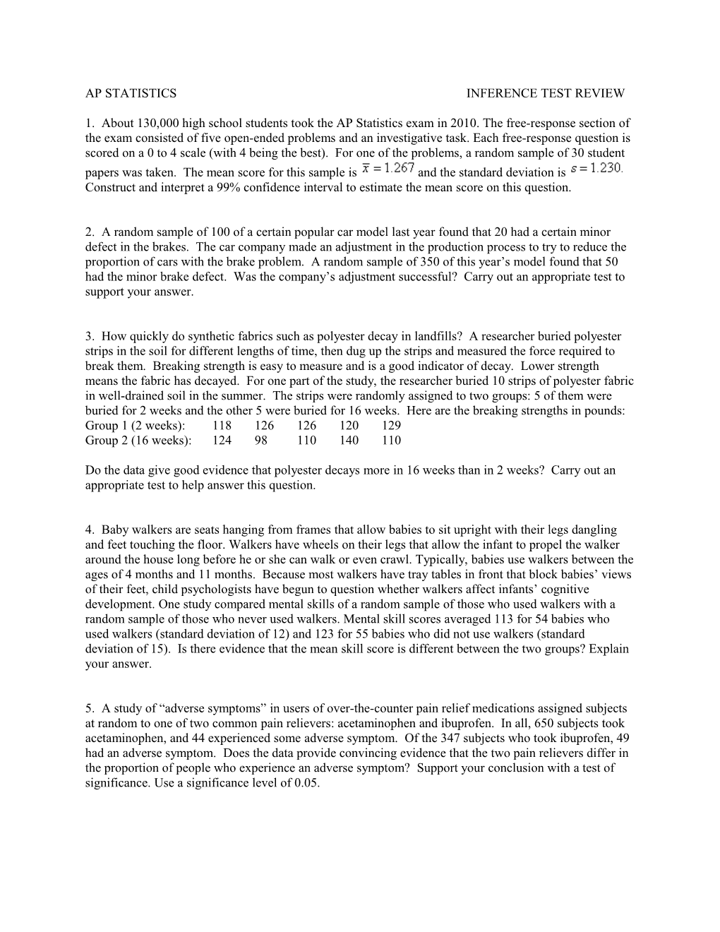 Ap Statistics Inference Test Review