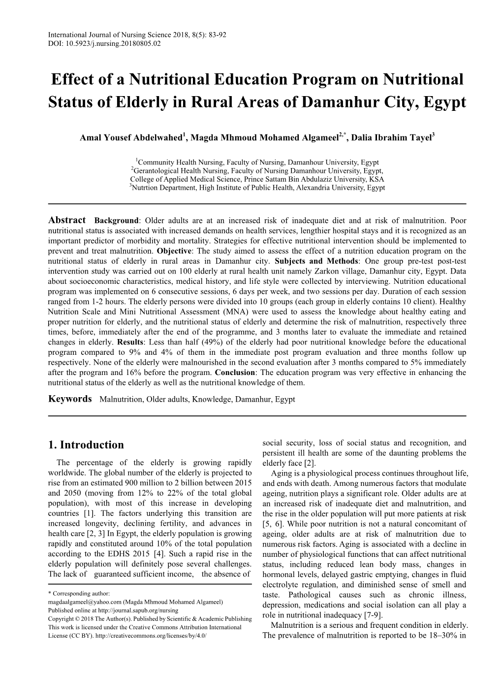 Malnutrition, Older Adults, Knowledge, Damanhur, Egypt