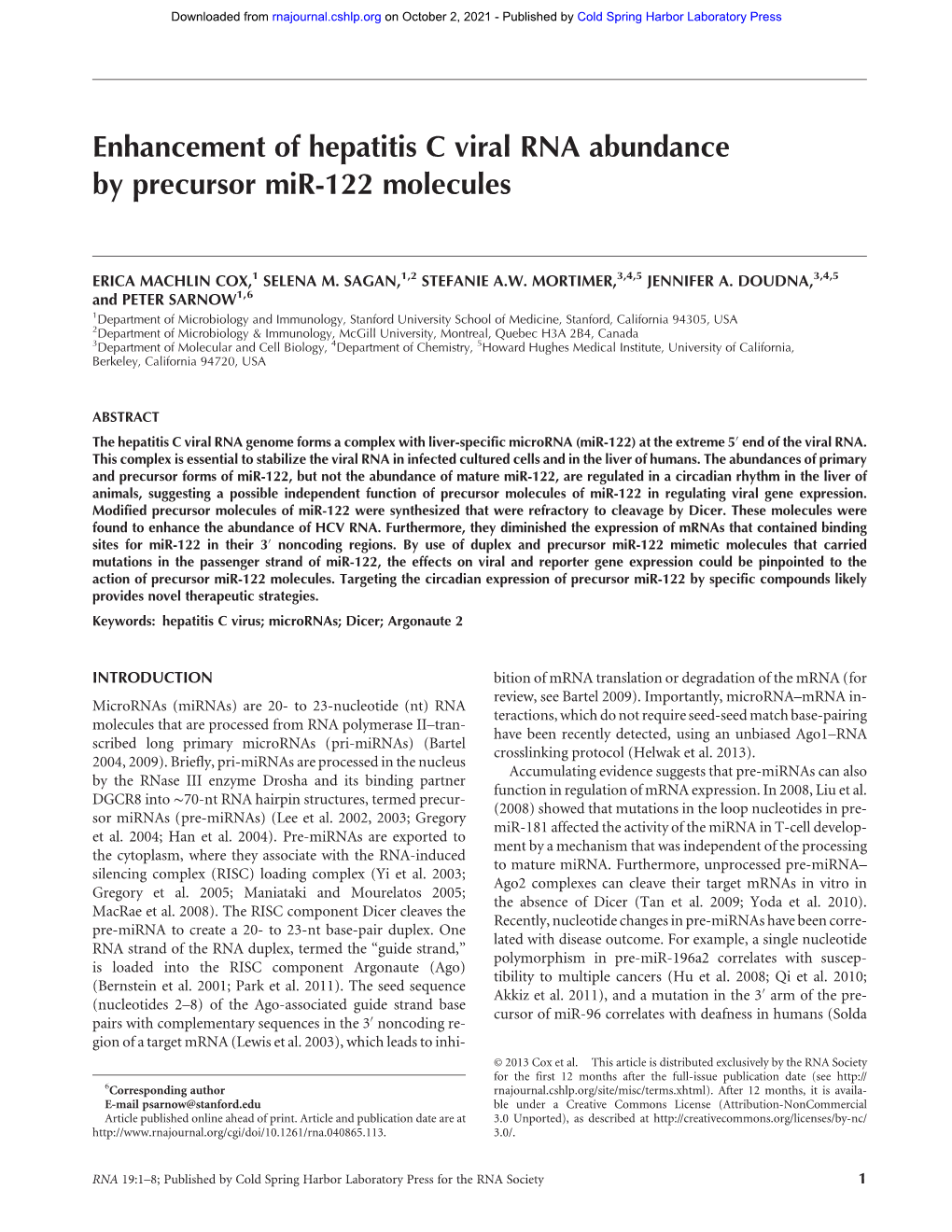 Enhancement of Hepatitis C Viral RNA Abundance by Precursor Mir-122 Molecules