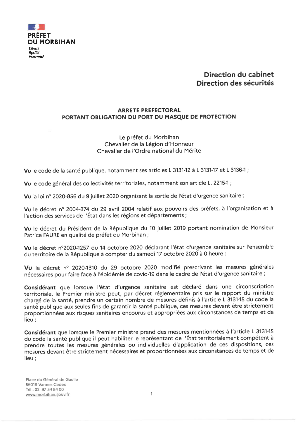 Arrêté Préfectoral Du 18 Décembre 2020 Portant Obligation Du Port Du Masque De Protection Dans Le Morbihan Communes Lieux Horaires