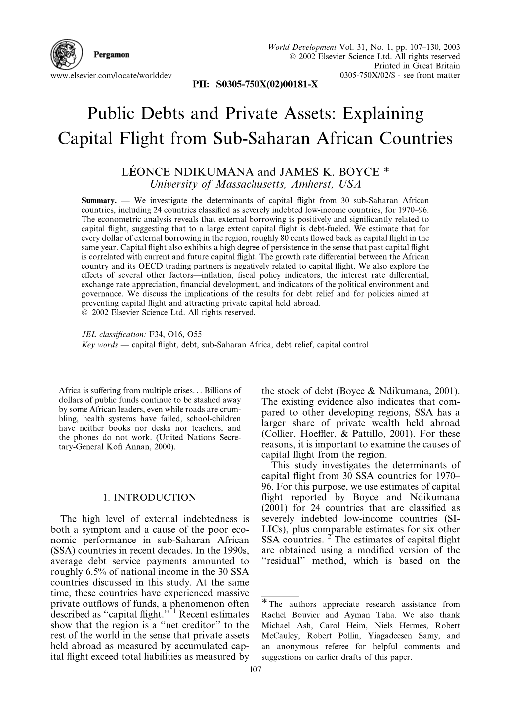 Public Debts and Private Assets: Explaining Capital Flight from Sub-Saharan African Countries