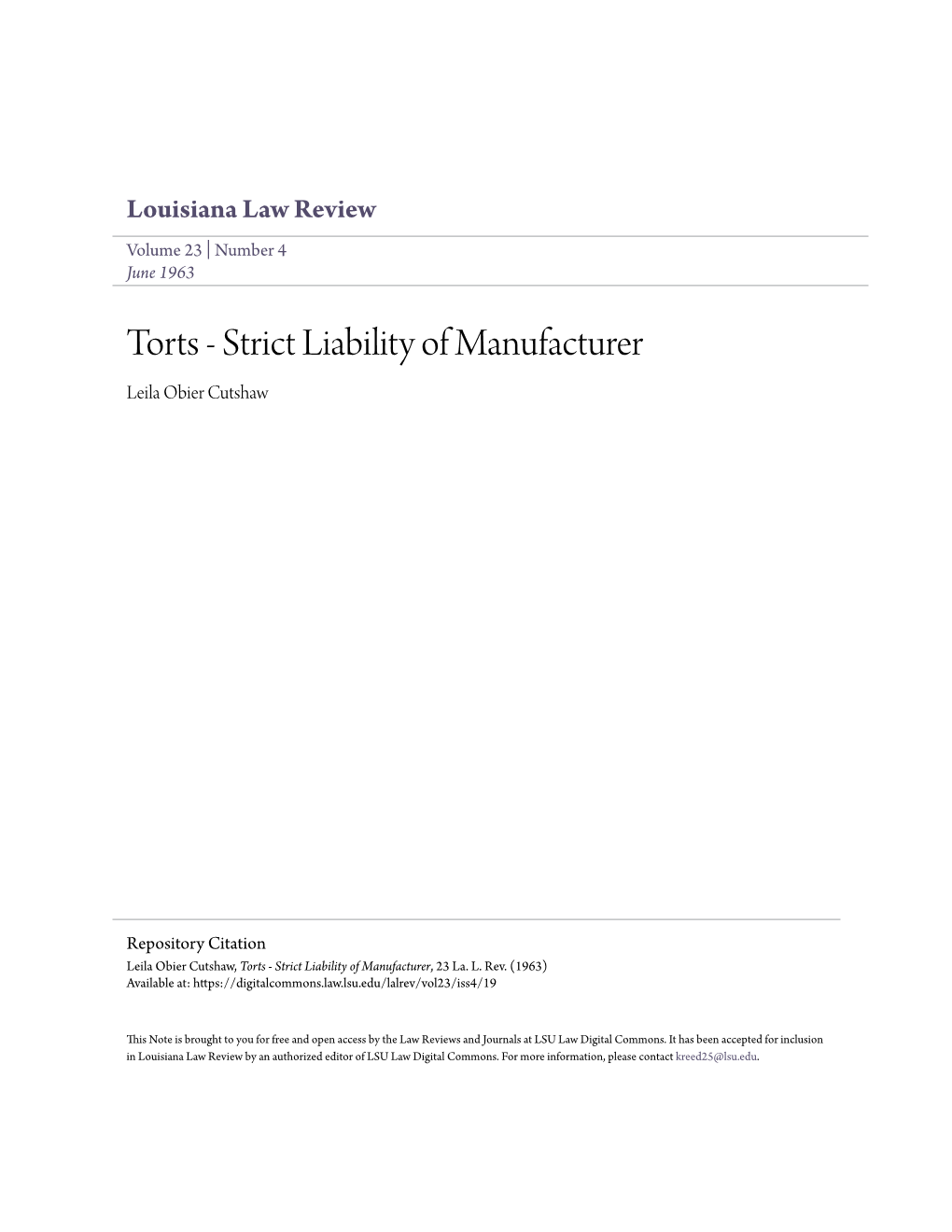 Torts - Strict Liability of Manufacturer Leila Obier Cutshaw