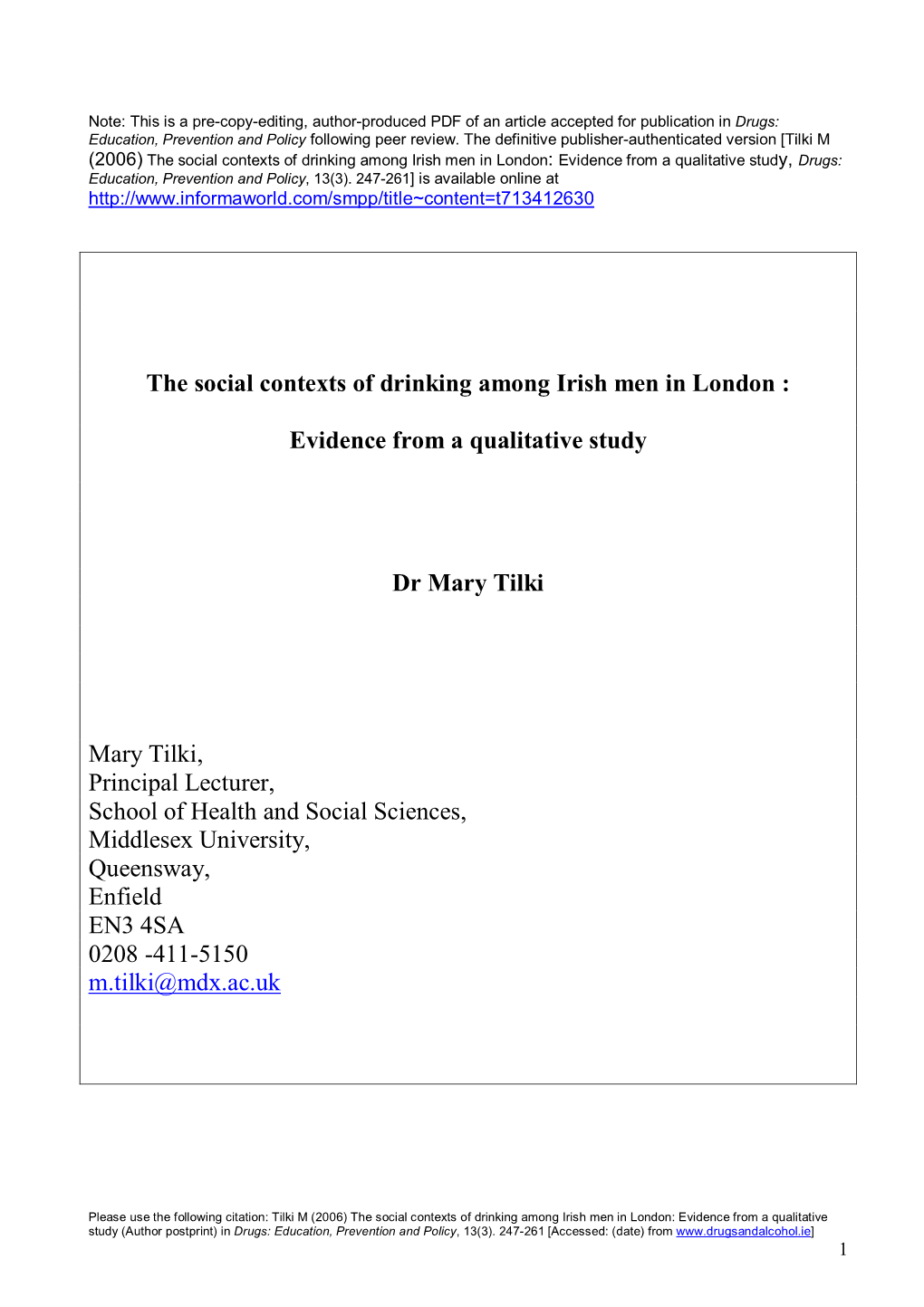 PDF (The Social Contexts of Drinking Among Irish Men in London )