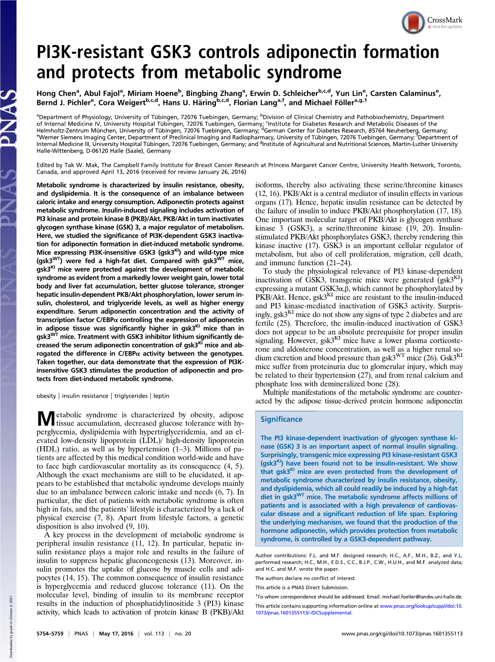 PI3K-Resistant GSK3 Controls Adiponectin Formation and Protects from Metabolic Syndrome