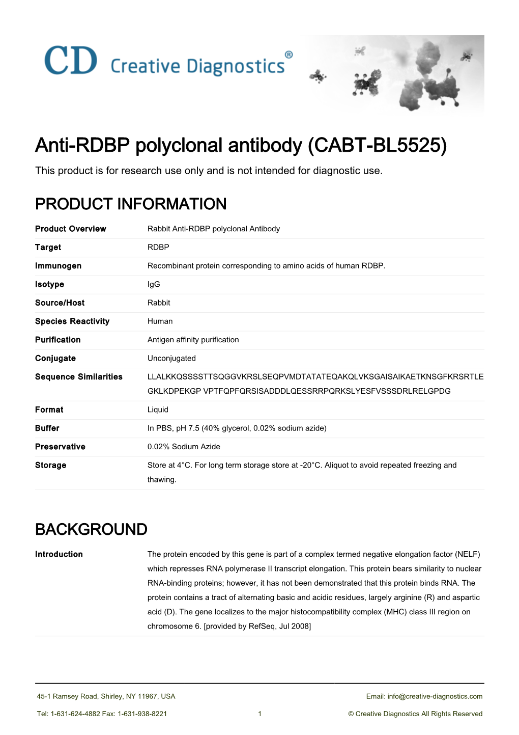 Anti-RDBP Polyclonal Antibody (CABT-BL5525) This Product Is for Research Use Only and Is Not Intended for Diagnostic Use