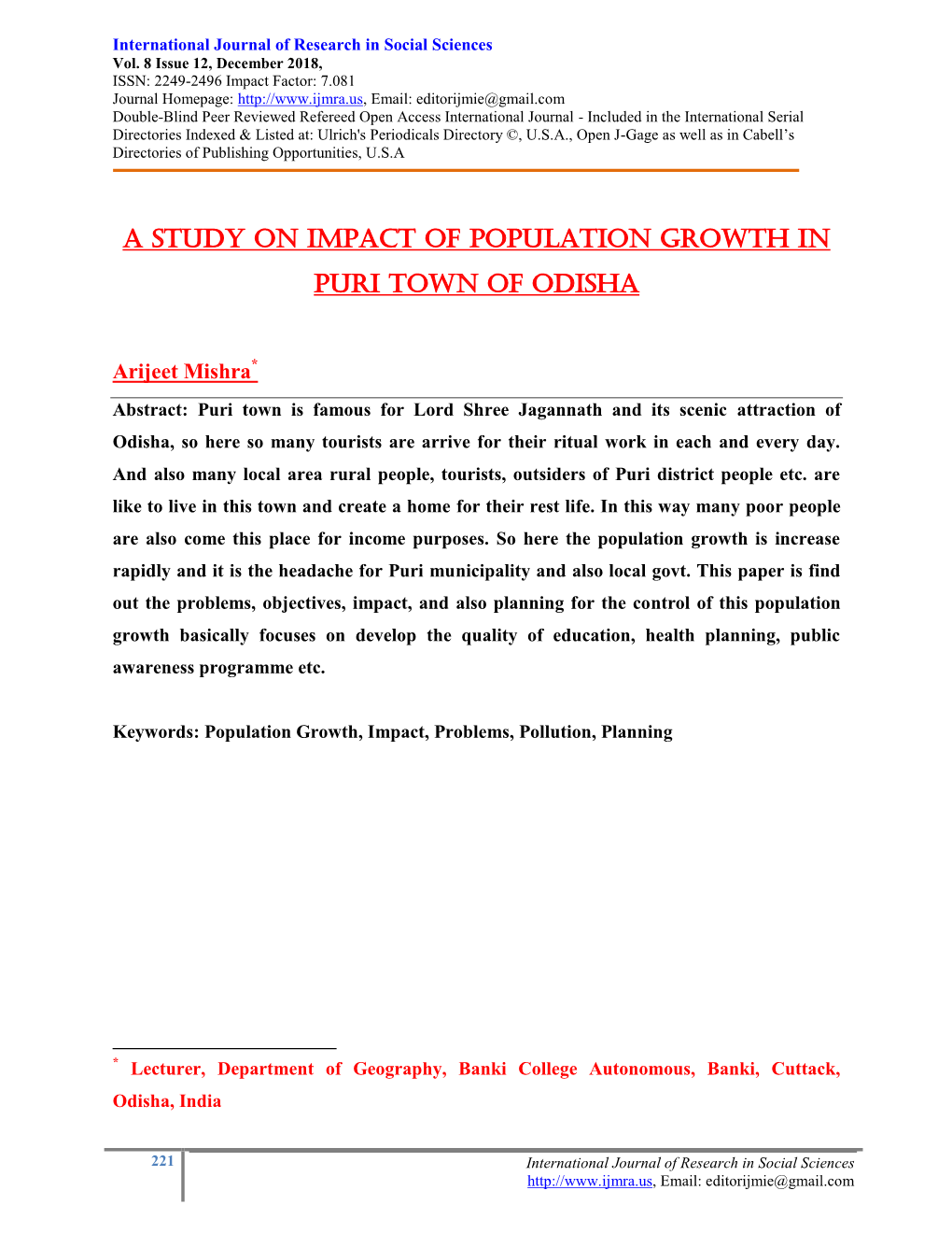 A Study on Impact of Population Growth in Puri Town of Odisha