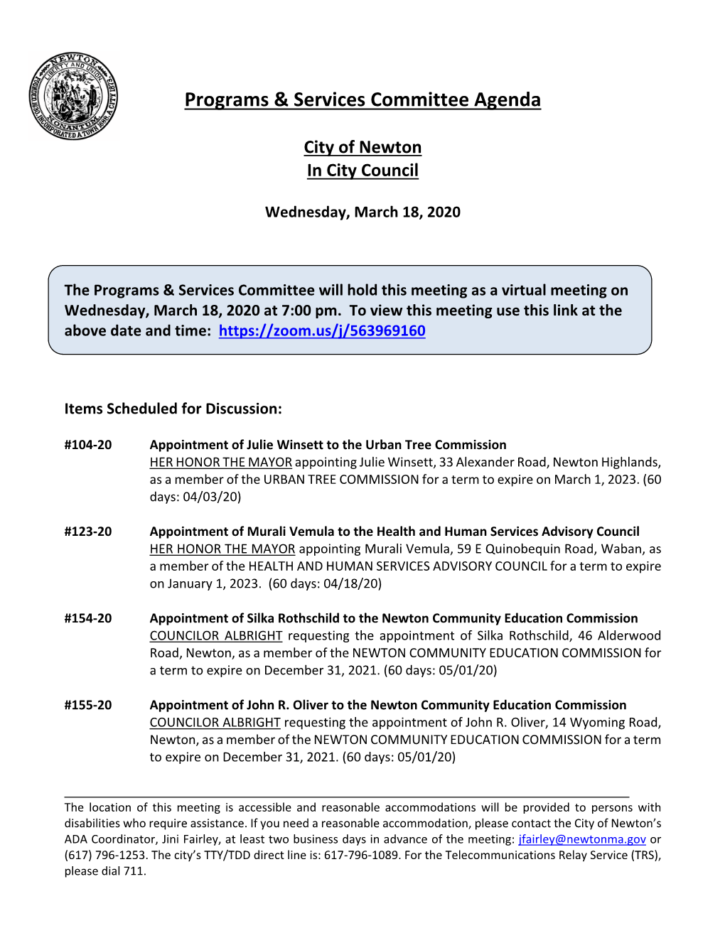 Programs & Services Committee Agenda