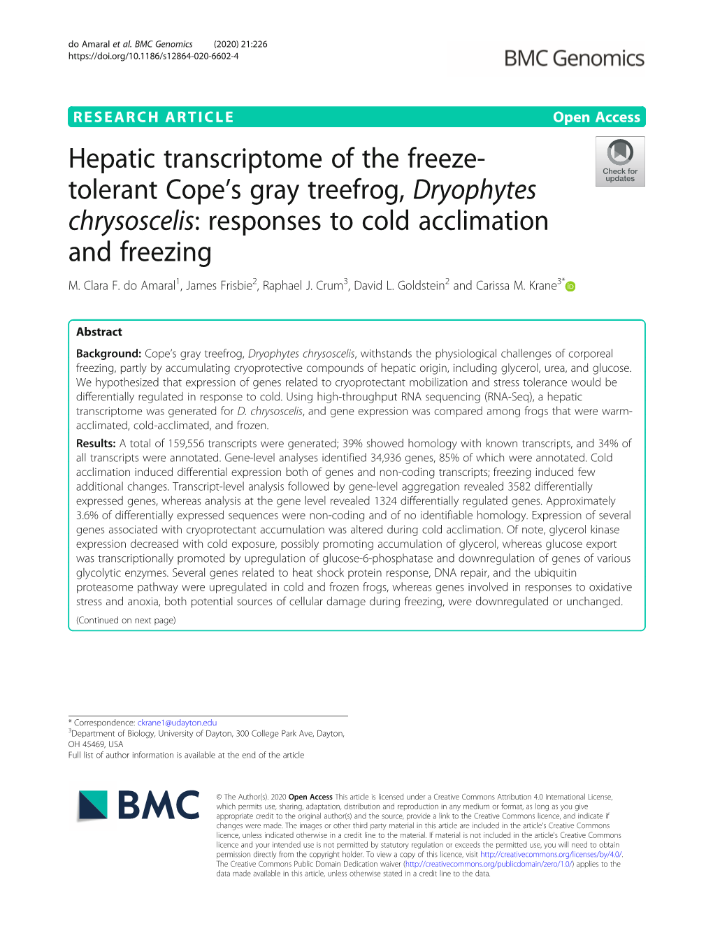 Hepatic Transcriptome of the Freeze-Tolerant