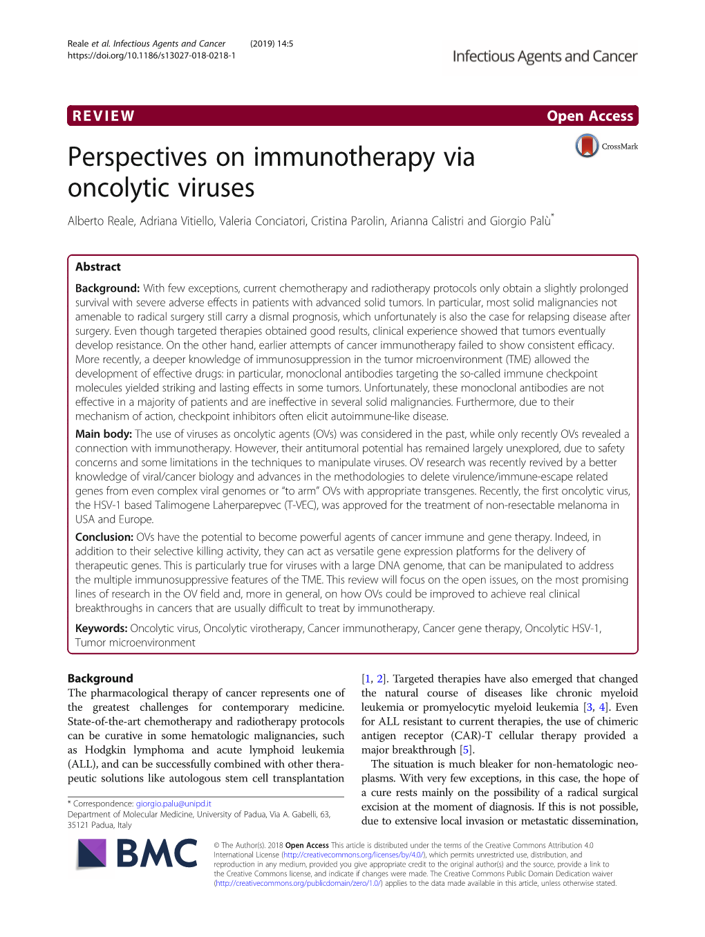 Perspectives on Immunotherapy Via Oncolytic Viruses Alberto Reale, Adriana Vitiello, Valeria Conciatori, Cristina Parolin, Arianna Calistri and Giorgio Palù*