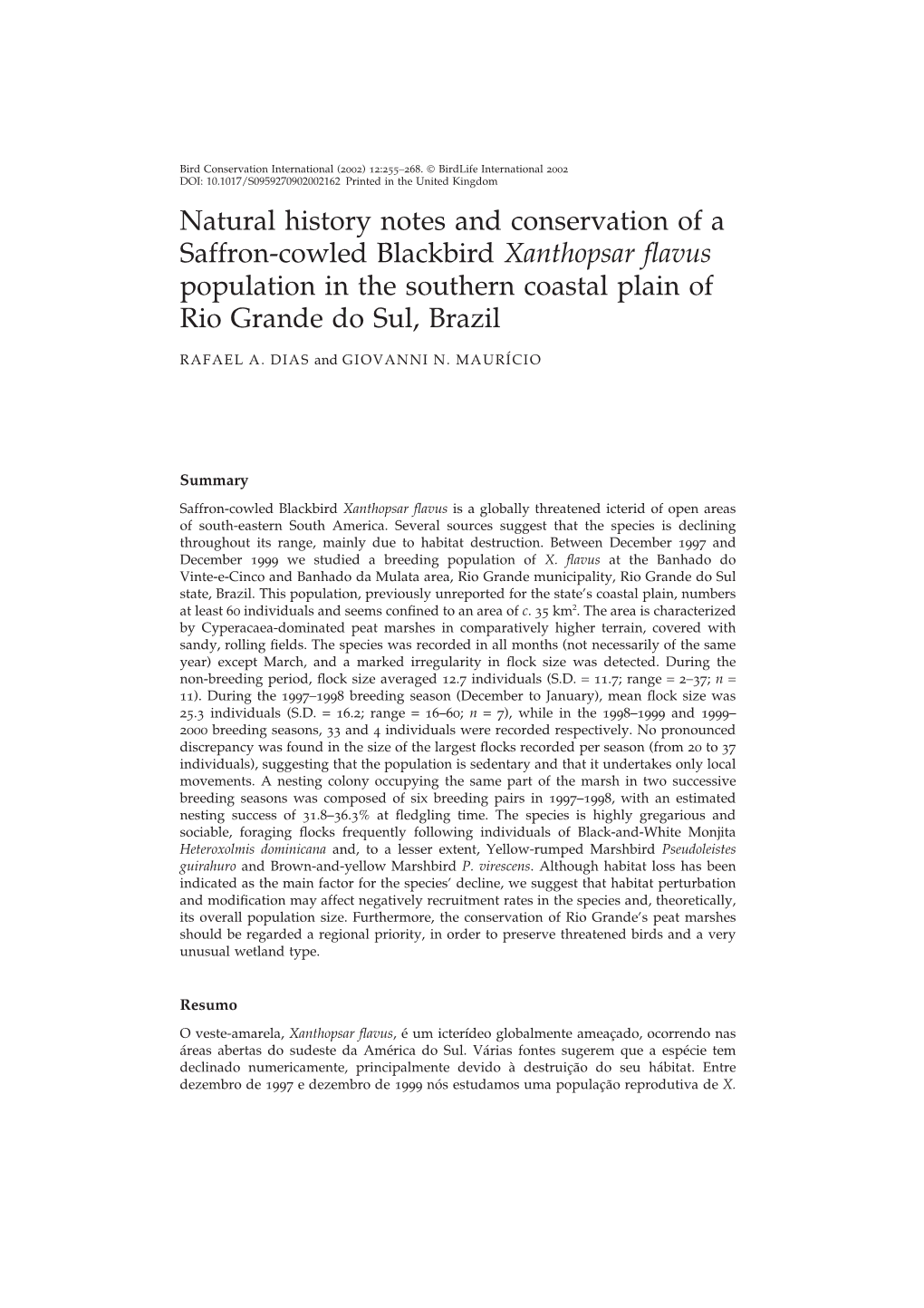Natural History Notes and Conservation of a Saffron-Cowled Blackbird Xanthopsar ﬂavus Population in the Southern Coastal Plain of Rio Grande Do Sul, Brazil