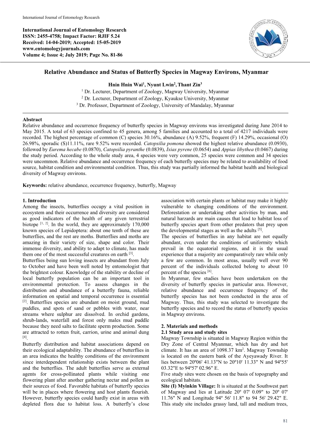 Relative Abundance and Status of Butterfly Species in Magway Environs, Myanmar