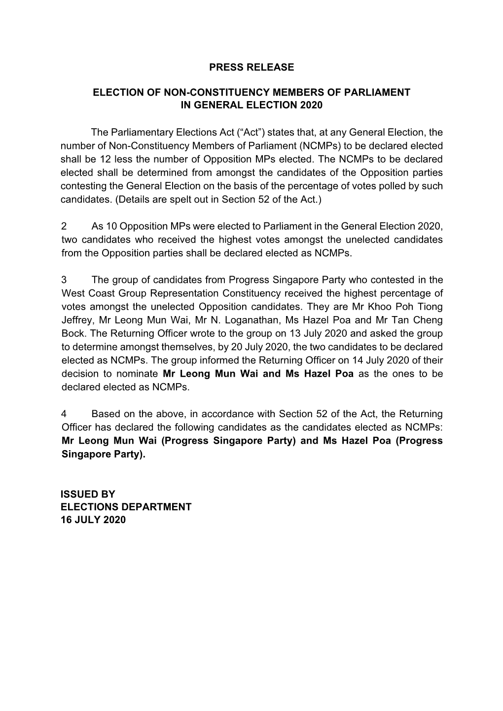 Press Release Election of Non-Constituency Members