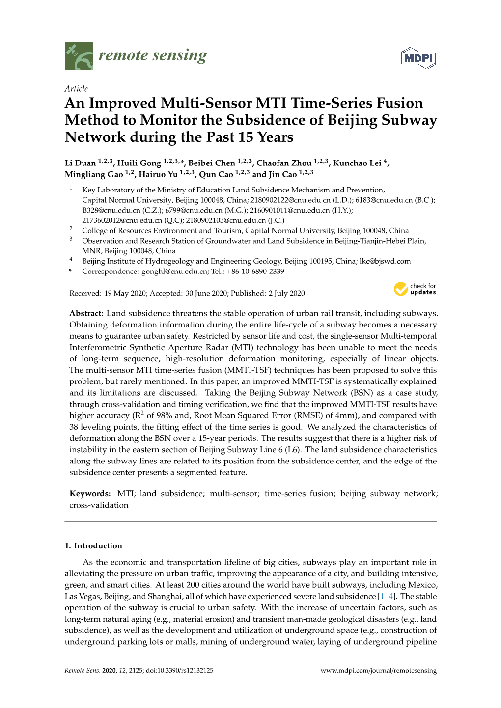 An Improved Multi-Sensor MTI Time-Series Fusion Method to Monitor the Subsidence of Beijing Subway Network During the Past 15 Years