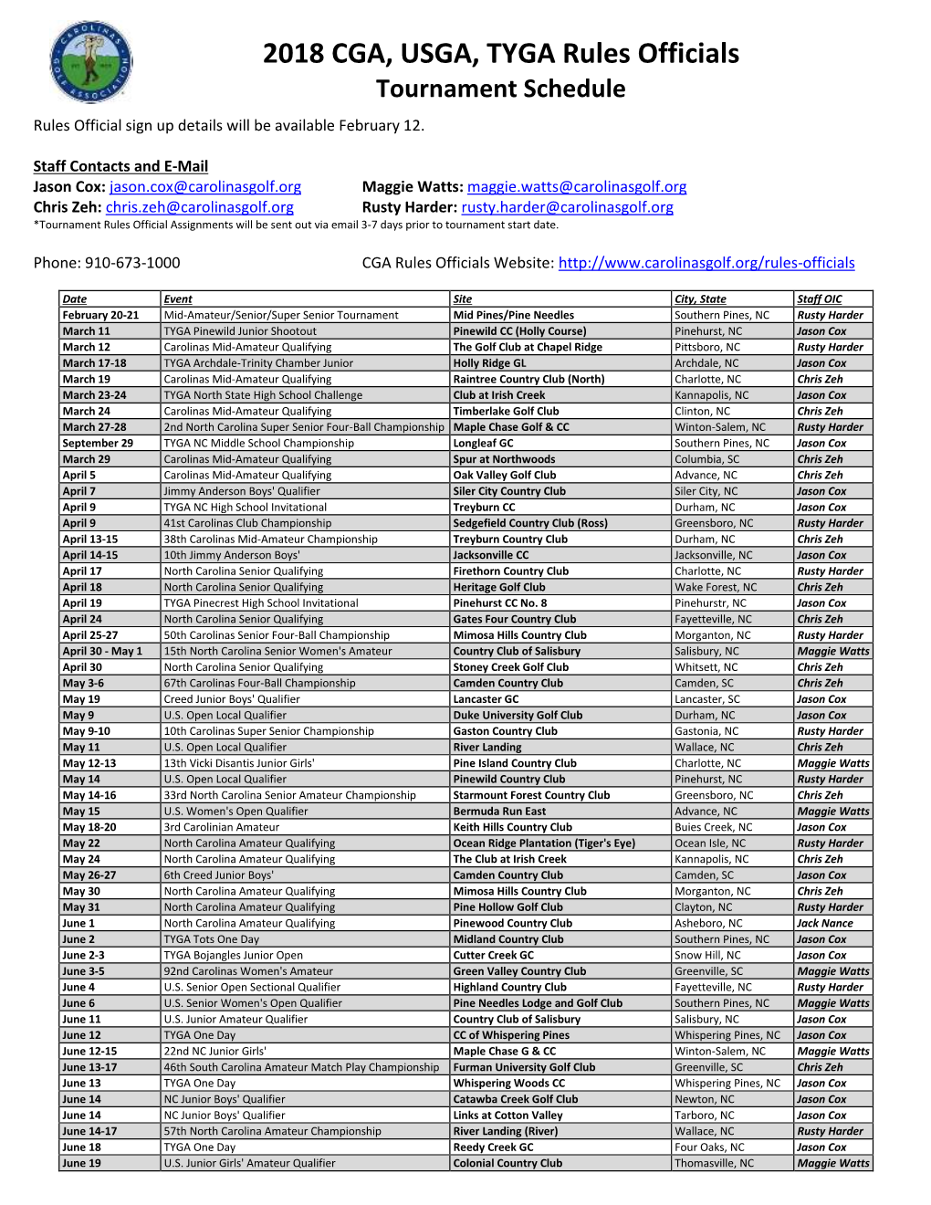 CGA Rules Official Schedule