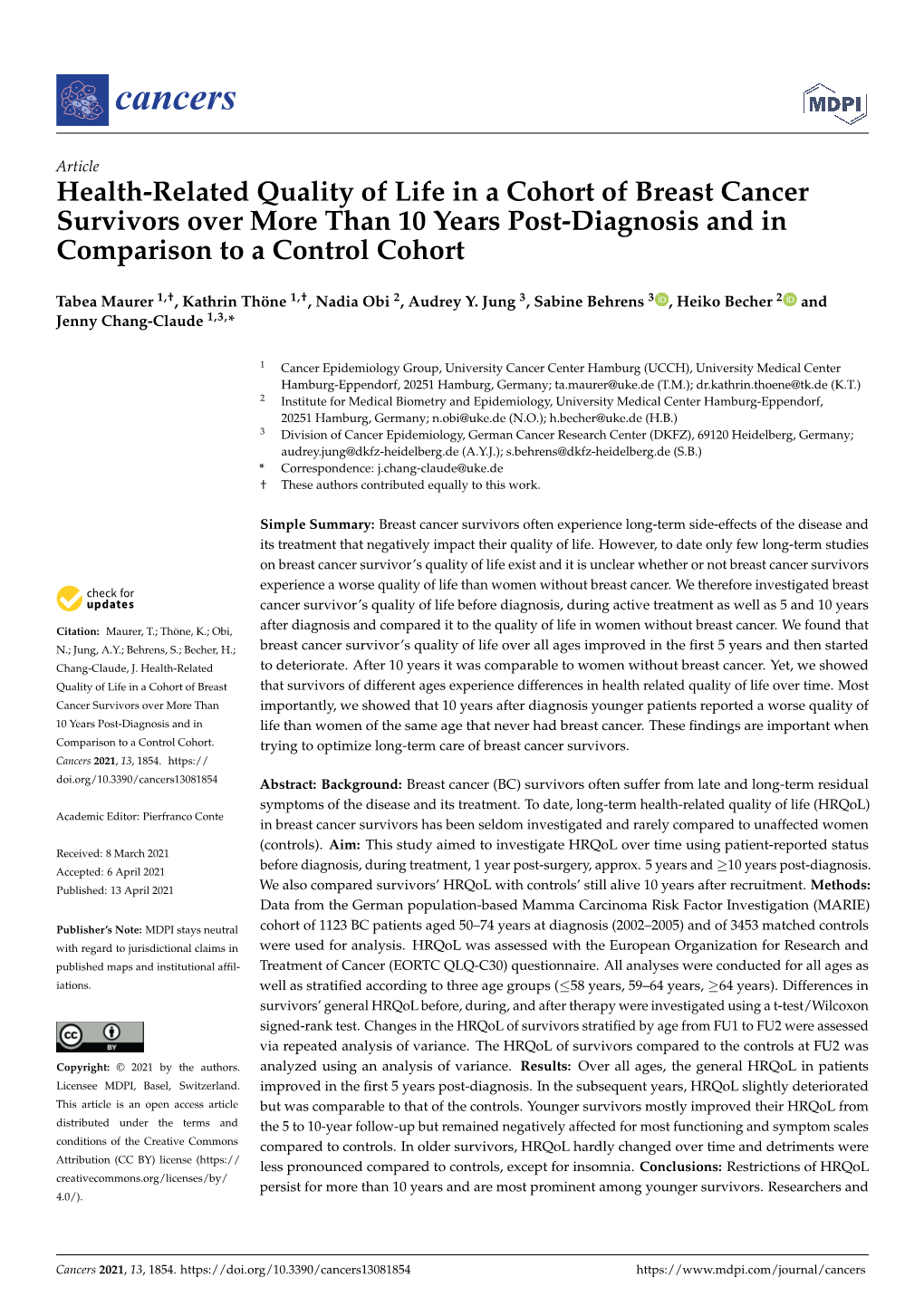 Health-Related Quality of Life in a Cohort of Breast Cancer Survivors Over More Than 10 Years Post-Diagnosis and in Comparison to a Control Cohort