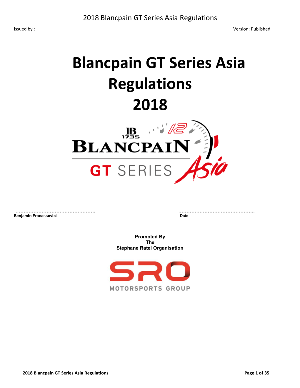 Blancpain GT Series Asia Regulations 2018