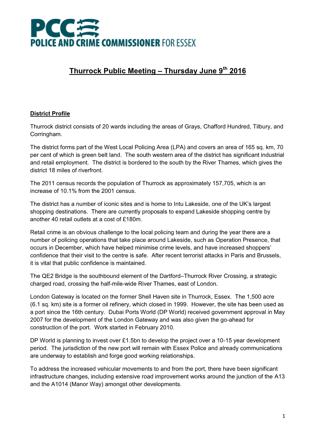 Thurrock Public Meeting – Thursday June 9 2016
