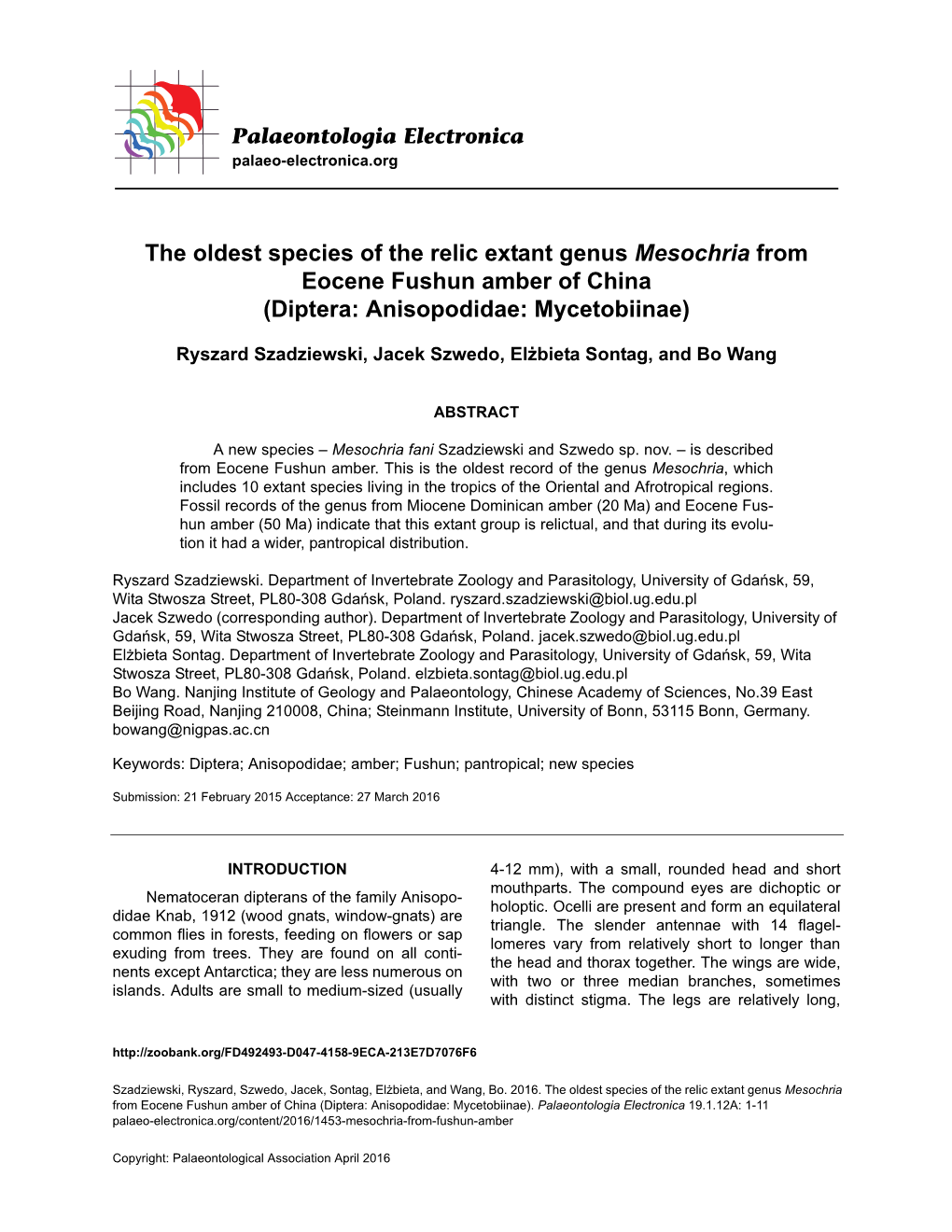 The Oldest Species of the Relic Extant Genus Mesochria from Eocene Fushun Amber of China (Diptera: Anisopodidae: Mycetobiinae)