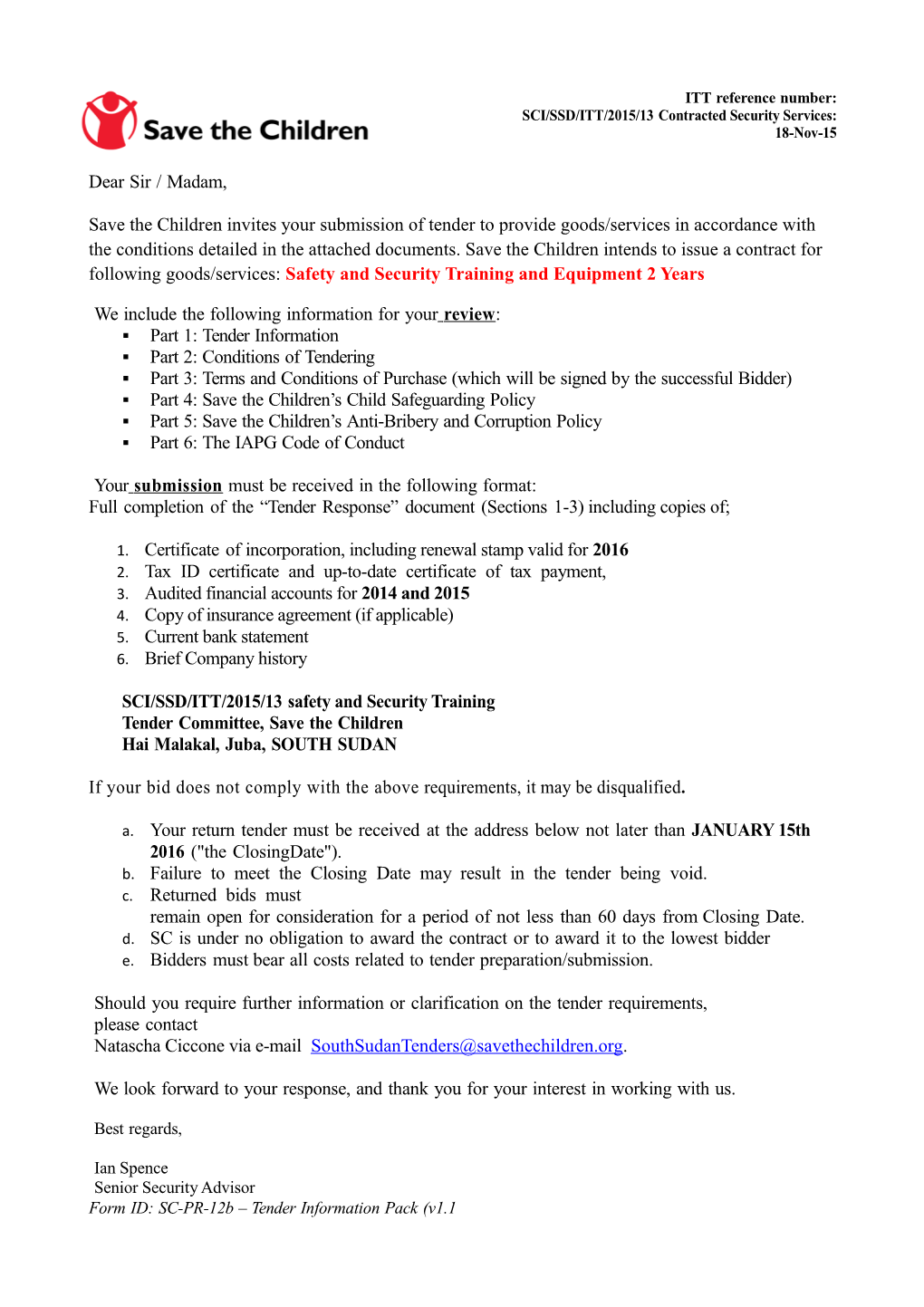 SCI/SSD/ITT/2015/13Contracted Security Services