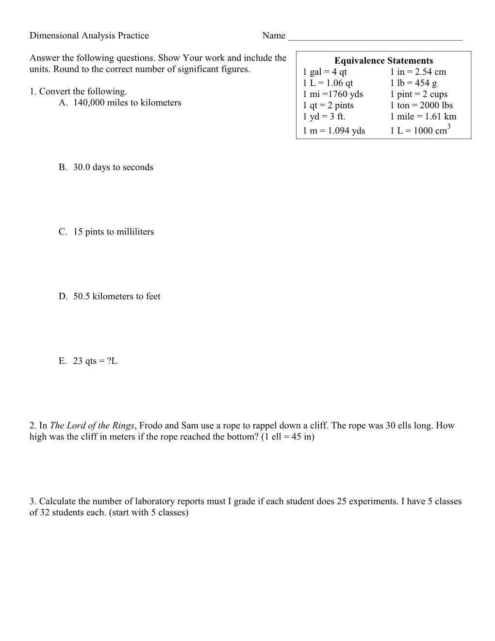 Dimensional Analysis Practice