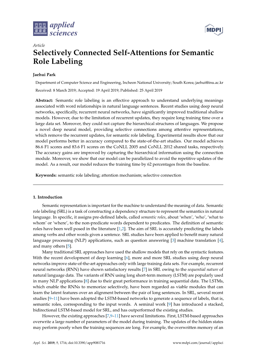 Selectively Connected Self-Attentions for Semantic Role Labeling