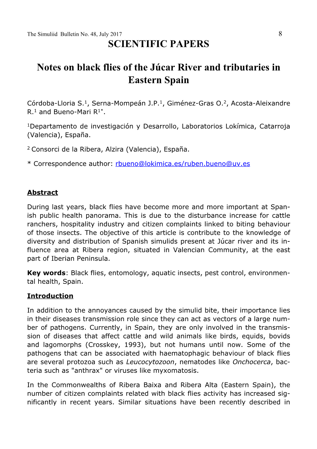 SCIENTIFIC PAPERS Notes on Black Flies of the Júcar River