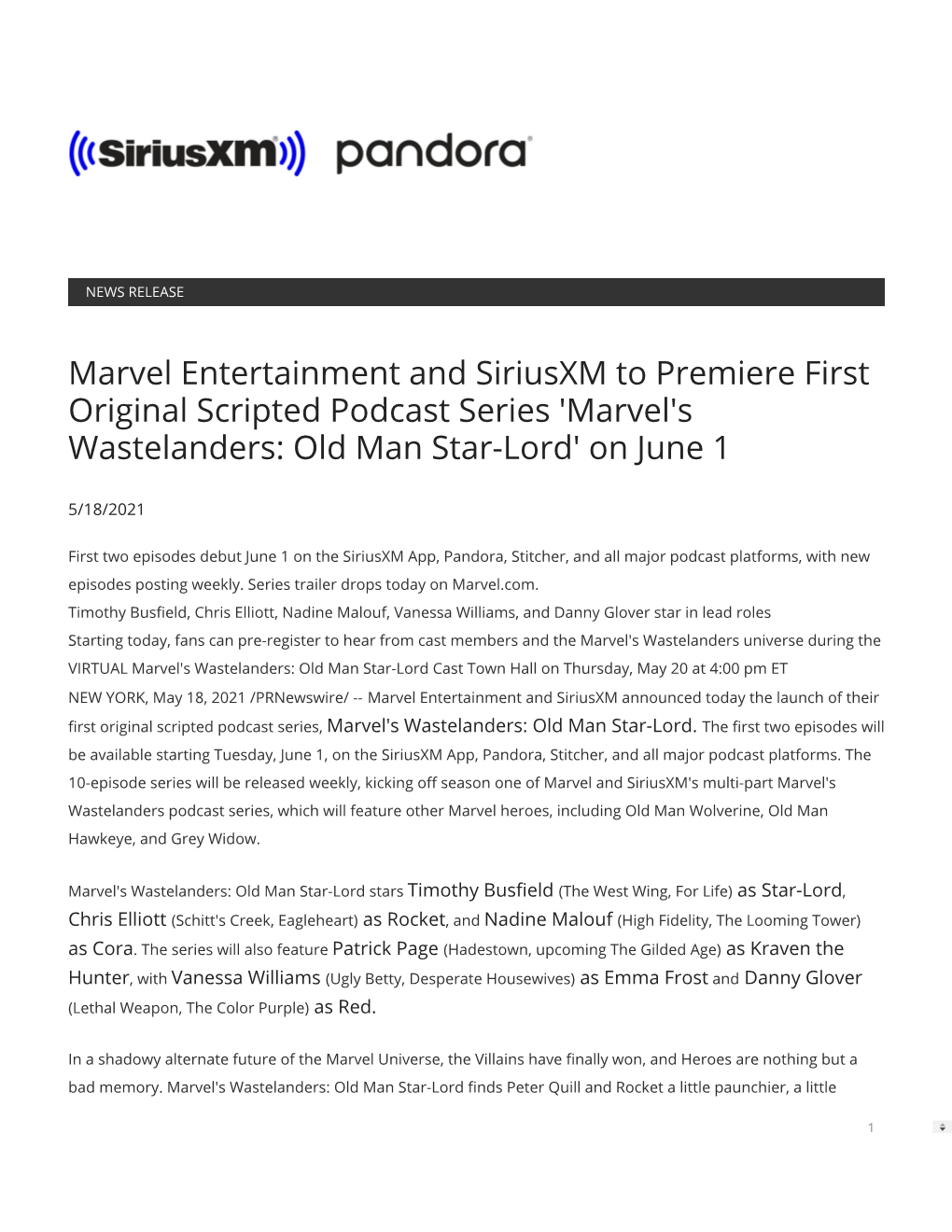 'Marvel's Wastelanders: Old Man Star-Lord' on June 1