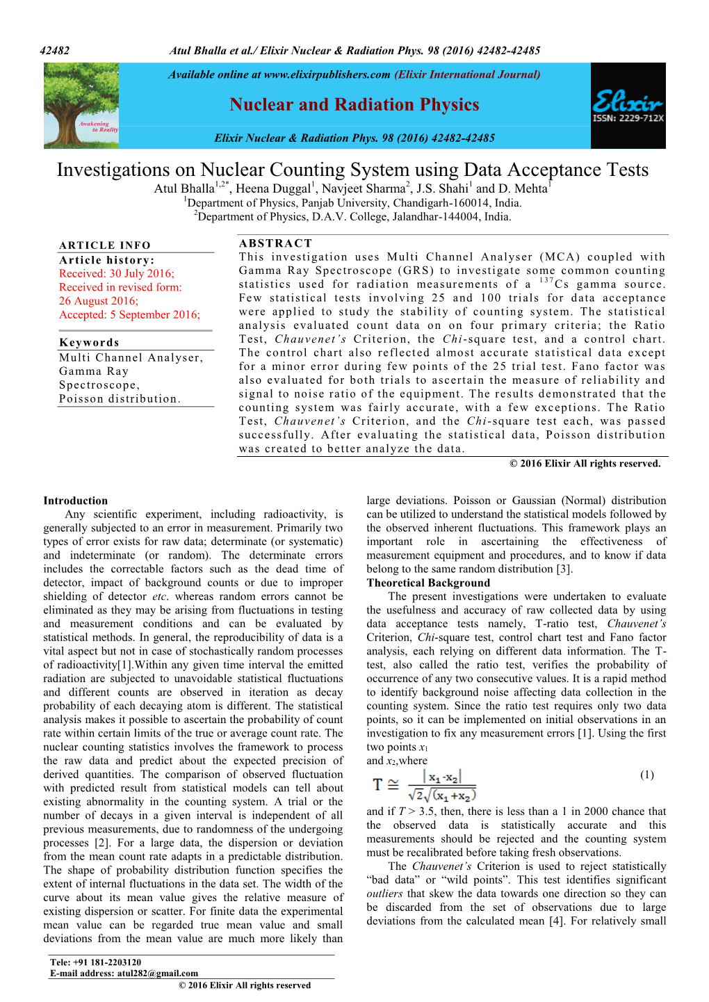 Investigations on Nuclear Counting System Using Data Acceptance Tests Atul Bhalla1,2*, Heena Duggal1, Navjeet Sharma2, J.S