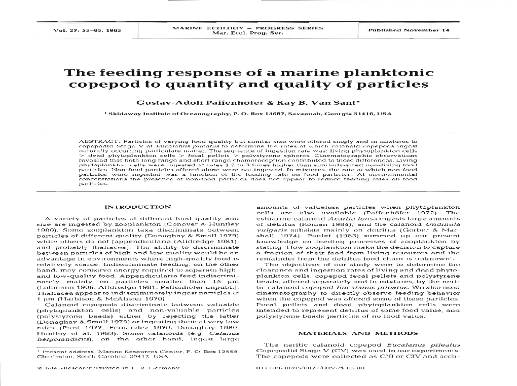 The Feeding Response of a Marine Planktonic Copepod to Quantity and Quality of Particles