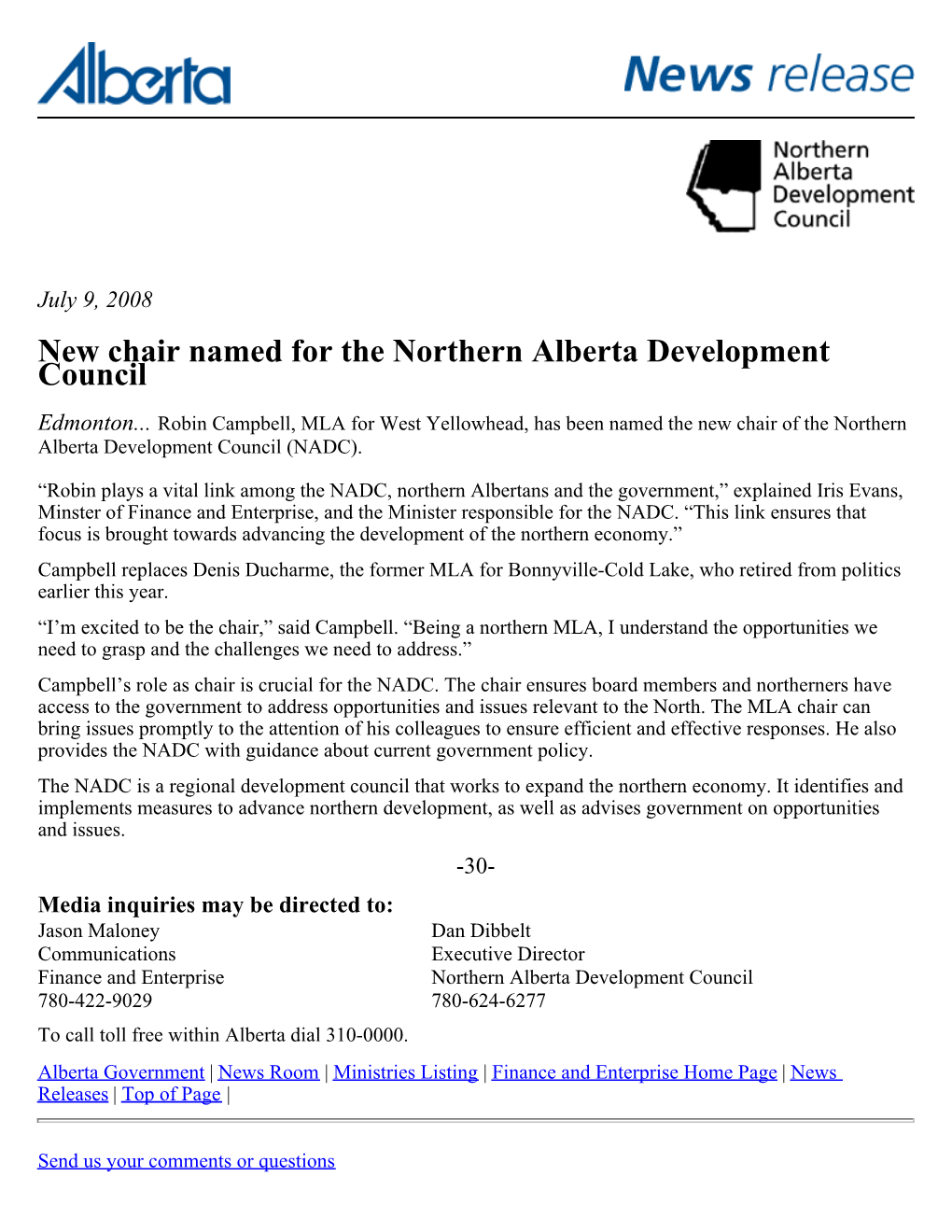 New Chair Named for the Northern Alberta Development Council