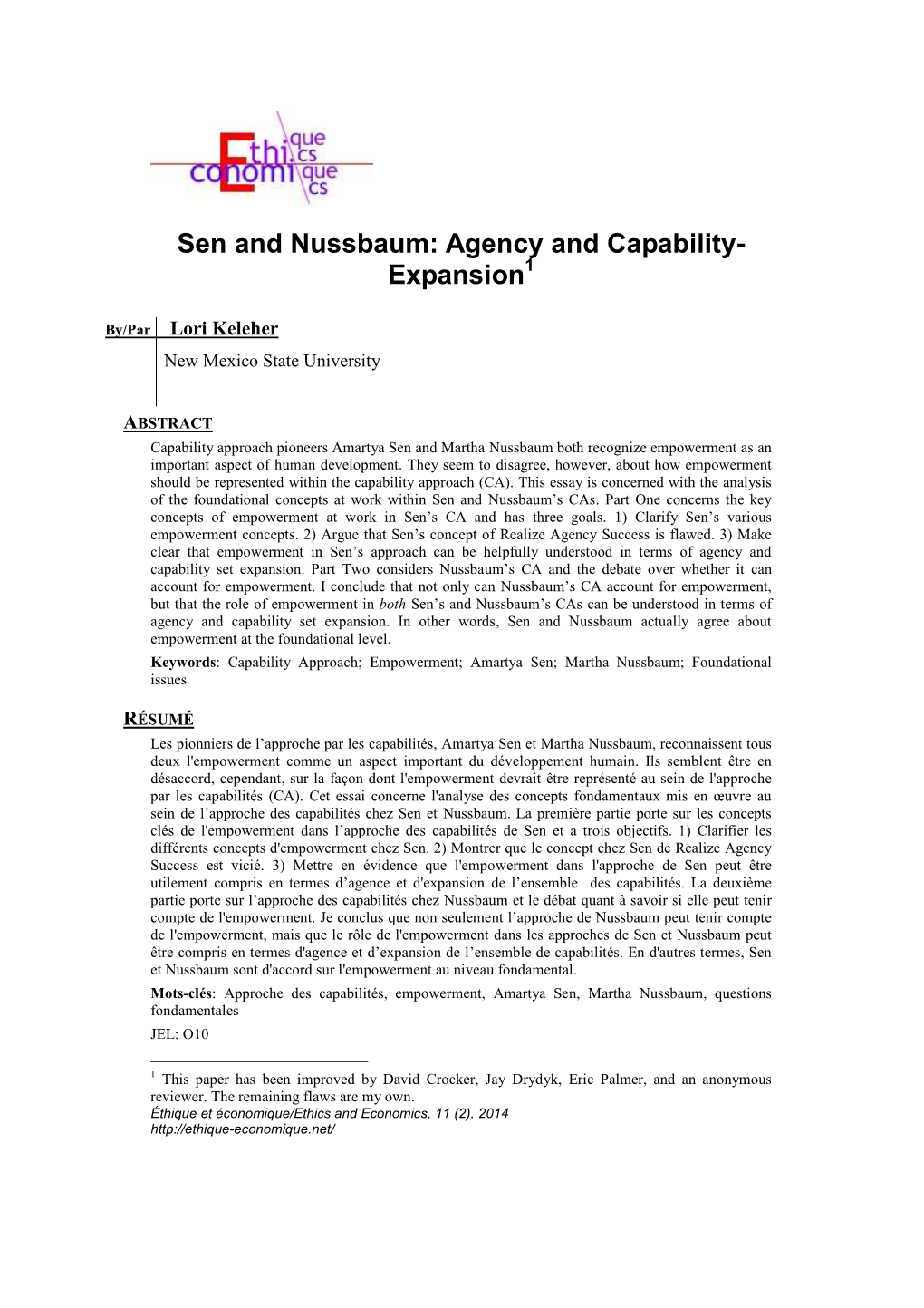 Sen and Nussbaum: Agency and Capability- Expansion 1