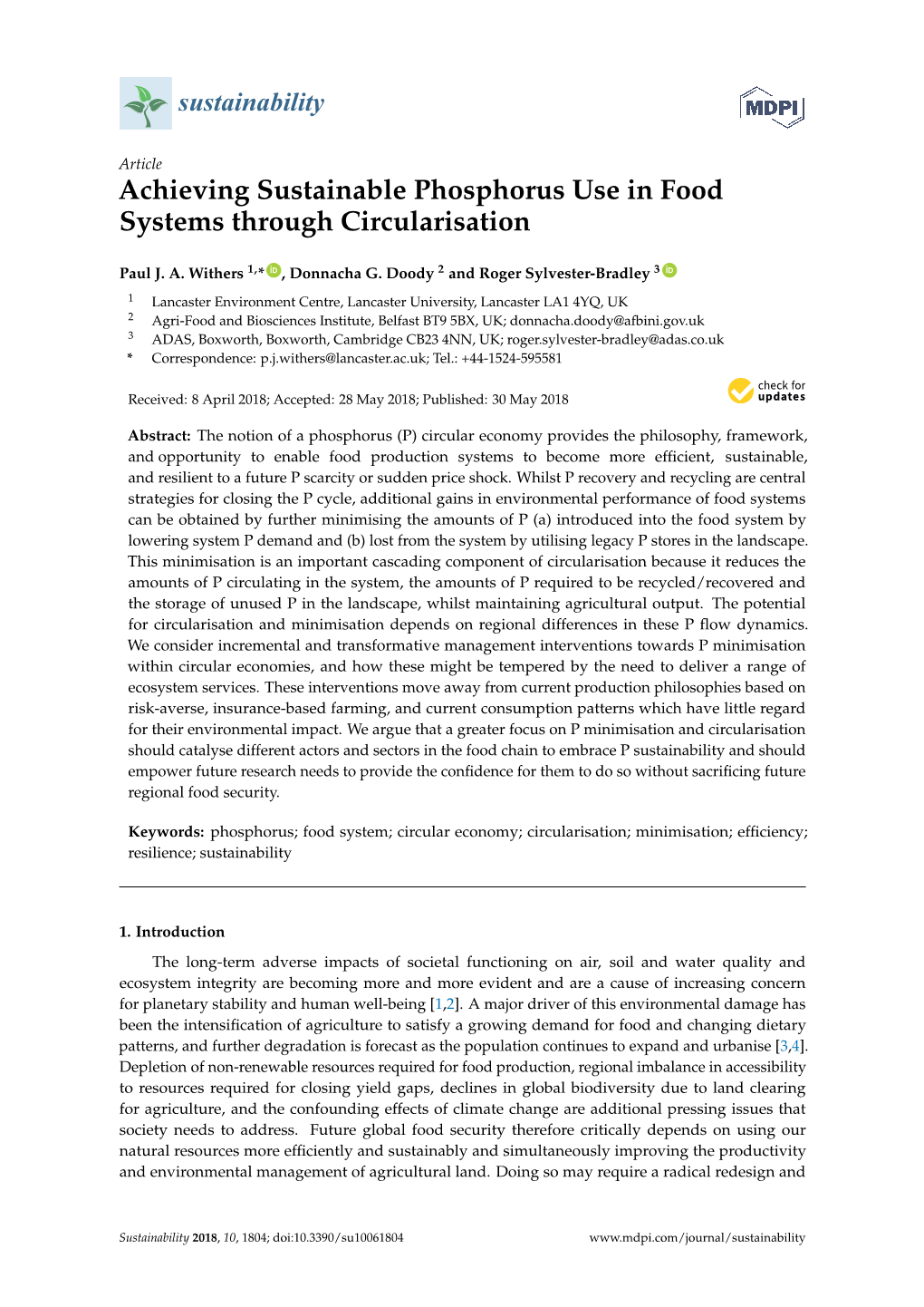 Achieving Sustainable Phosphorus Use in Food Systems Through Circularisation