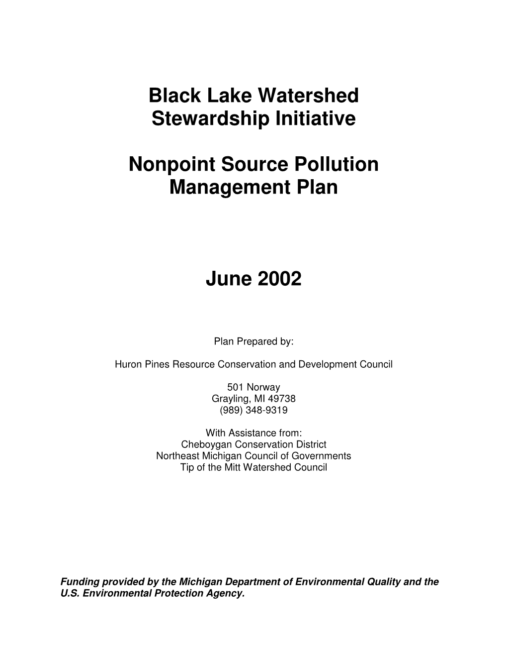 Black Lake Watershed Stewardship Initiative Nonpoint Source Pollution Management Plan