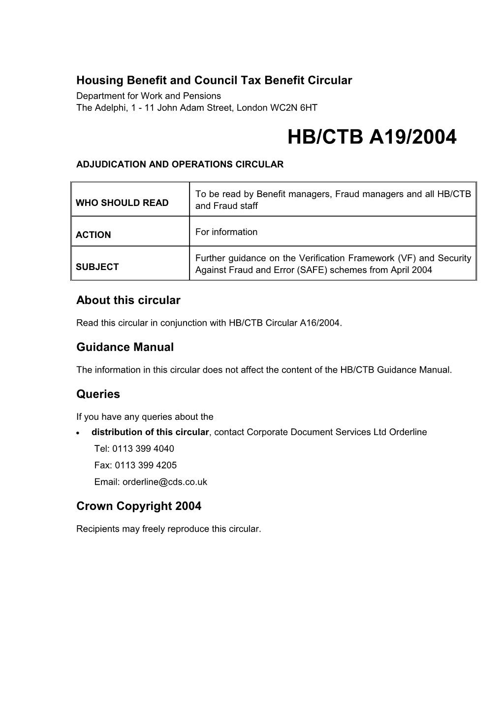 Housing Benefit and Council Tax Benefit Circular