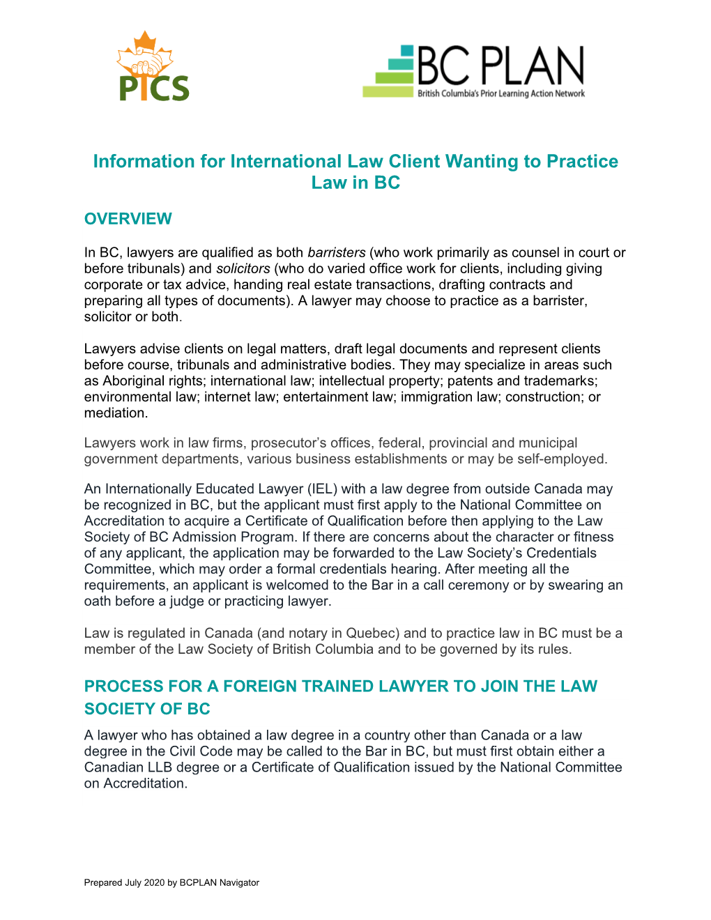 Information for International Law Client Wanting to Practice Law in BC