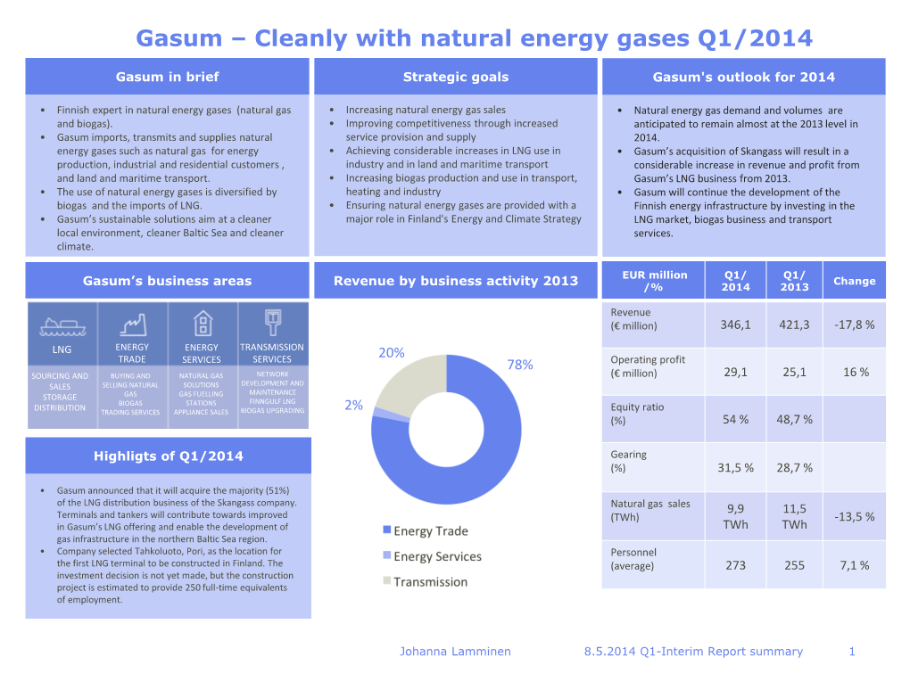 Gasum – Cleanly with Natural Energy Gases Q1/2014