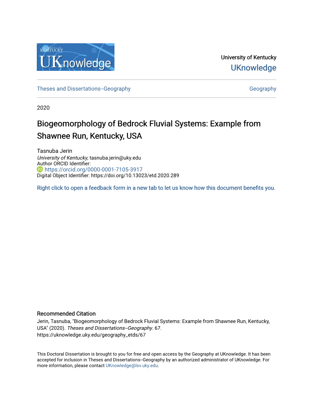 Biogeomorphology of Bedrock Fluvial Systems: Example from Shawnee Run, Kentucky, USA