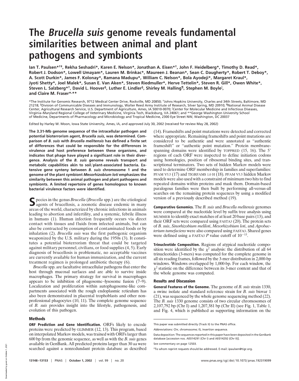 The Brucella Suis Genome Reveals Fundamental Similarities Between Animal and Plant Pathogens and Symbionts