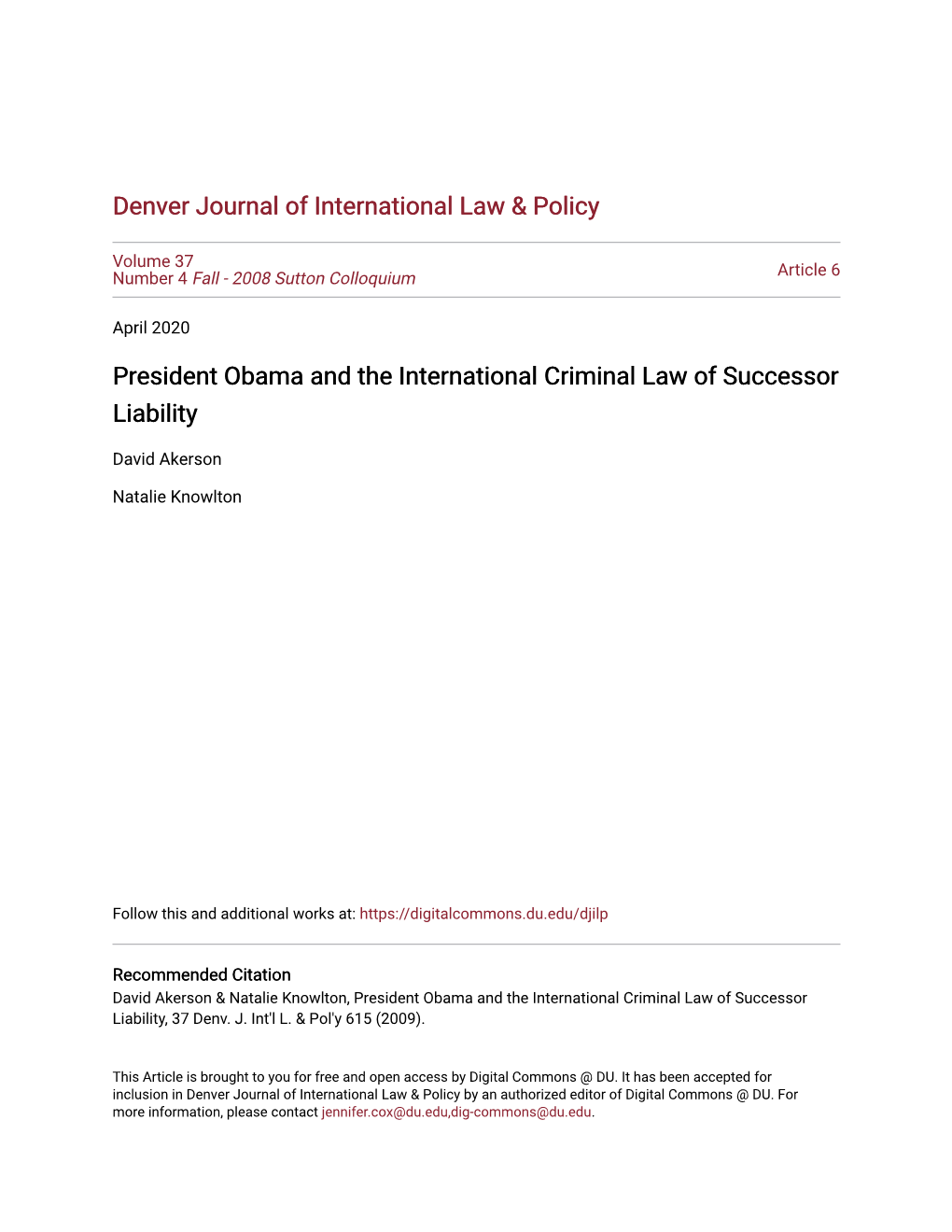 President Obama and the International Criminal Law of Successor Liability