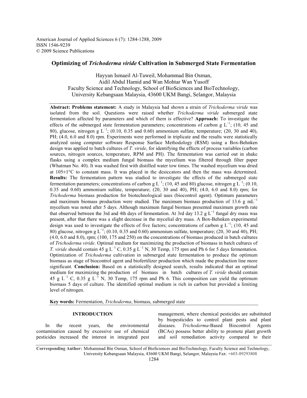Optimizing of Trichoderma Viride Cultivation in Submerged State Fermentation
