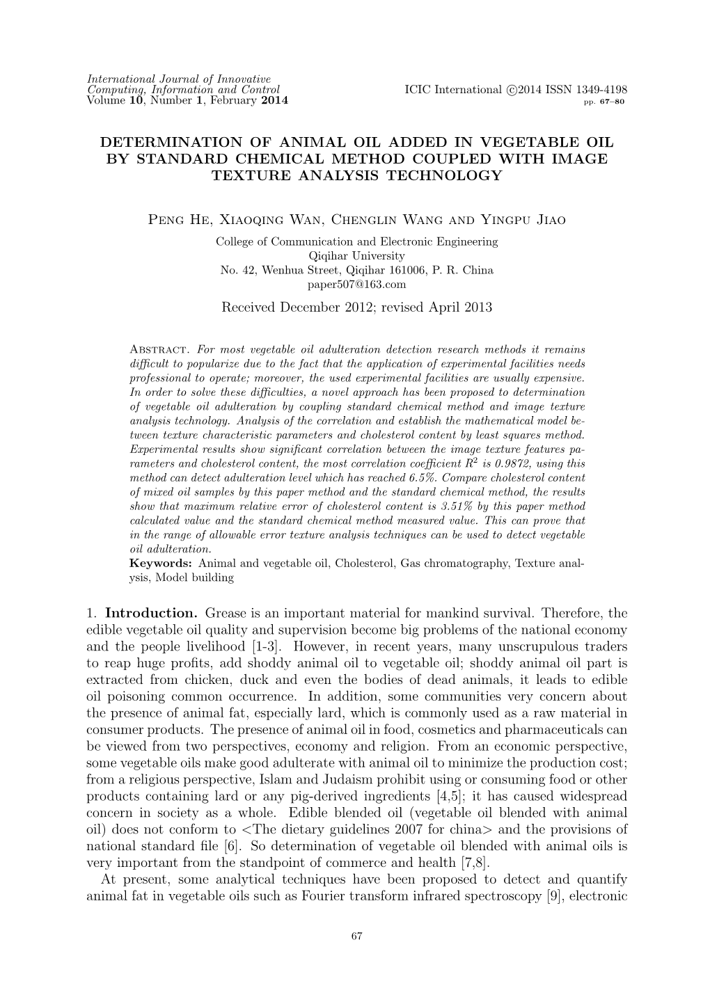 Determination of Animal Oil Added in Vegetable Oil by Standard Chemical Method Coupled with Image Texture Analysis Technology