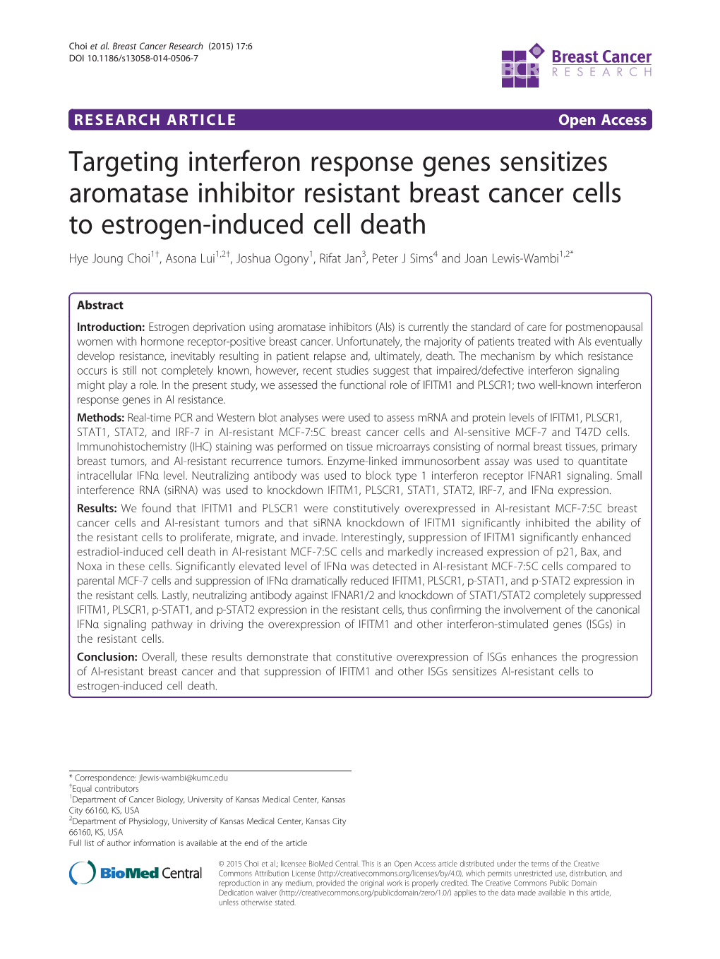 Targeting Interferon Response Genes Sensitizes Aromatase Inhibitor Resistant Breast Cancer Cells to Estrogen-Induced Cell Death