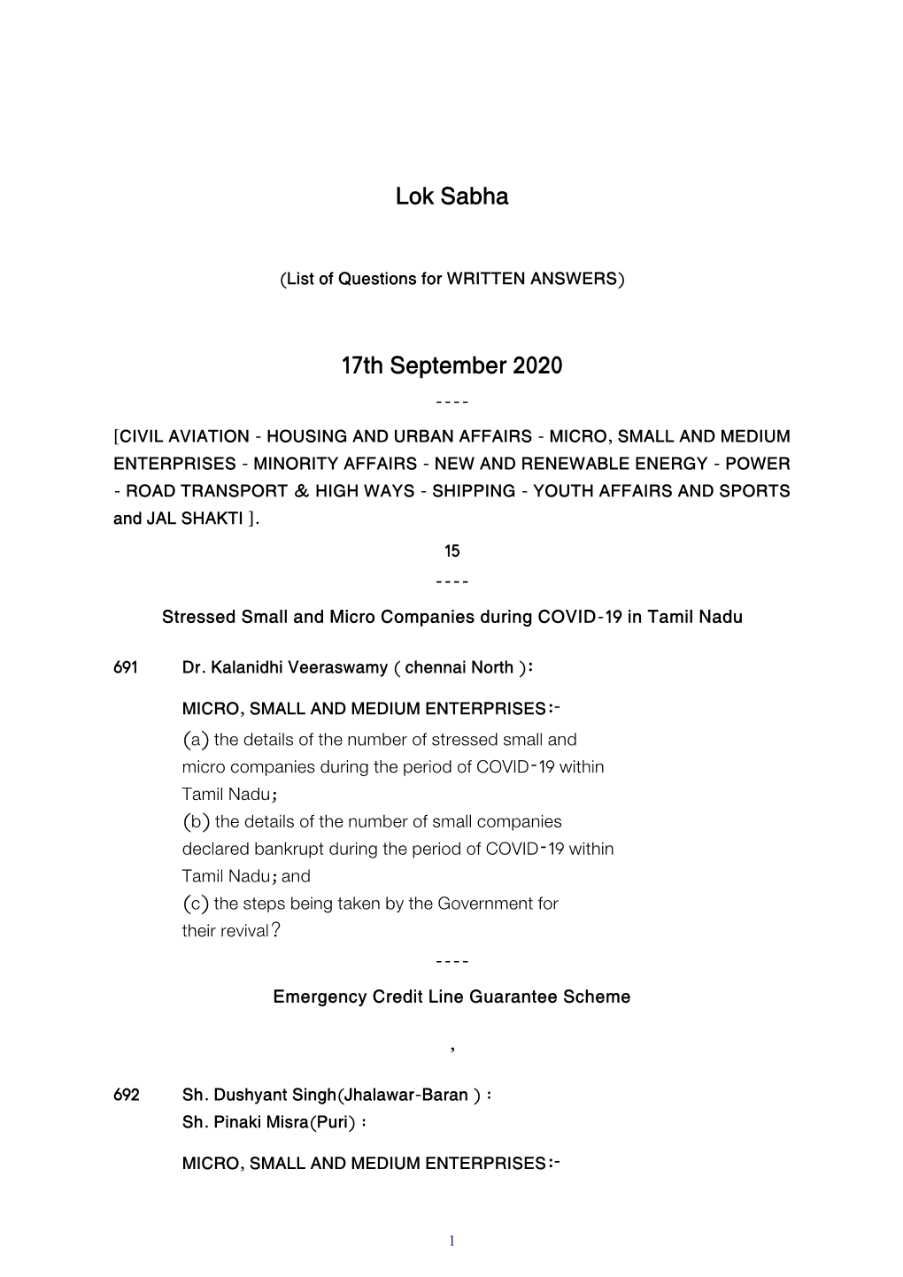 Lok Sabha 17Th September 2020