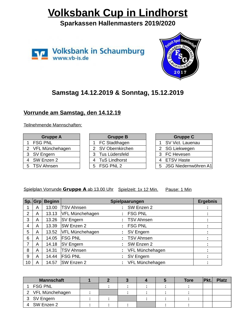 Volksbank Cup in Lindhorst Sparkassen Hallenmasters 2019/2020