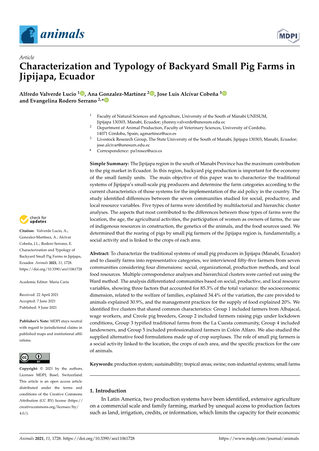 Characterization and Typology of Backyard Small Pig Farms in Jipijapa, Ecuador