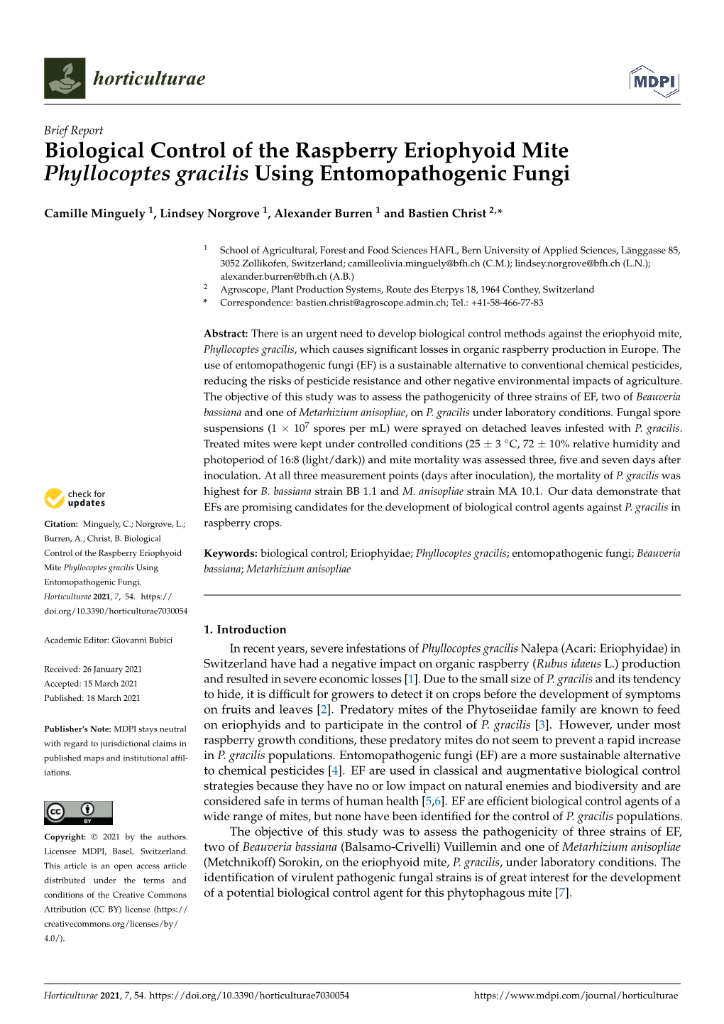 Biological Control of the Raspberry Eriophyoid Mite Phyllocoptes Gracilis Using Entomopathogenic Fungi